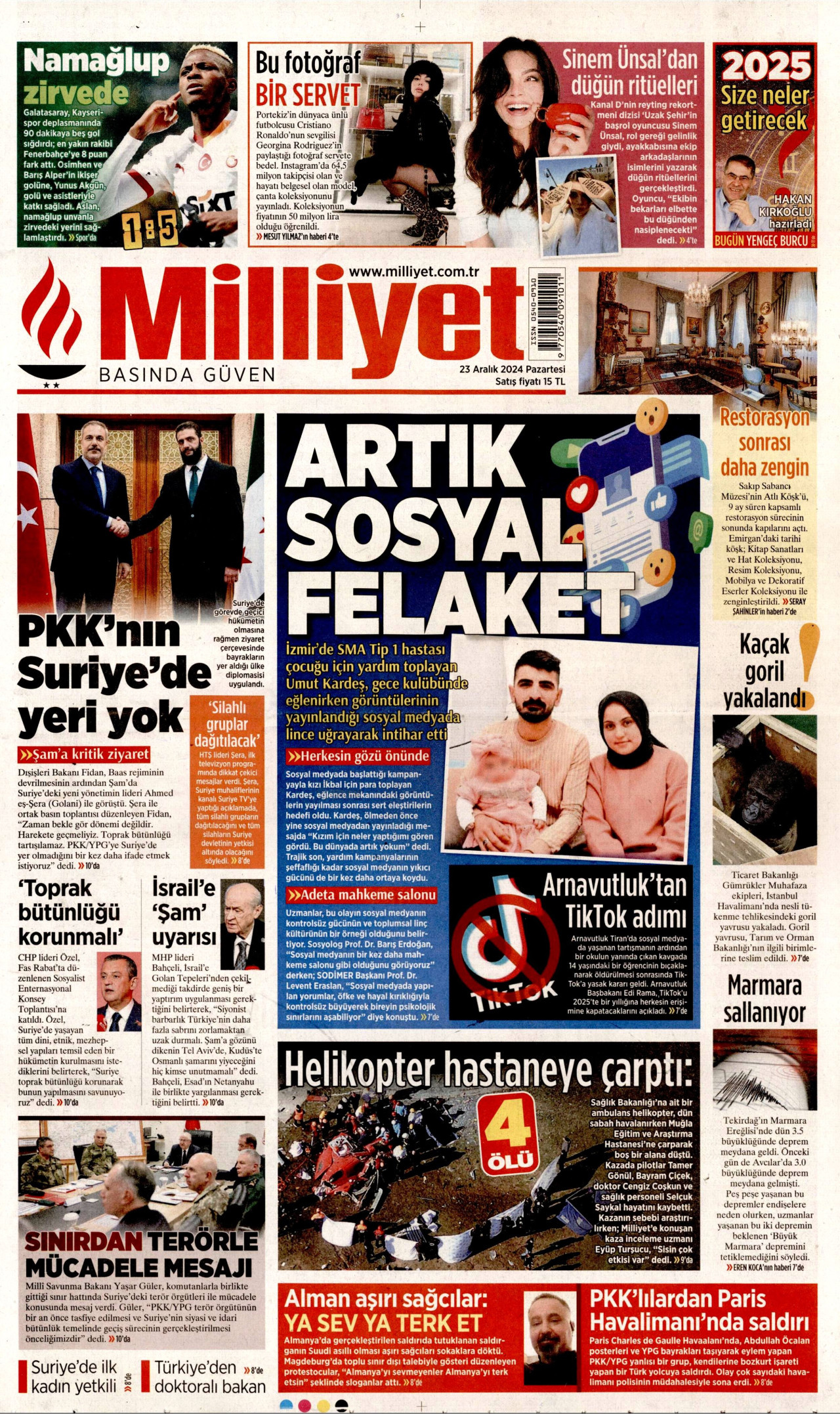 MİLLİYET 23 Aralık 2024 Gazete Manşeti Büyük